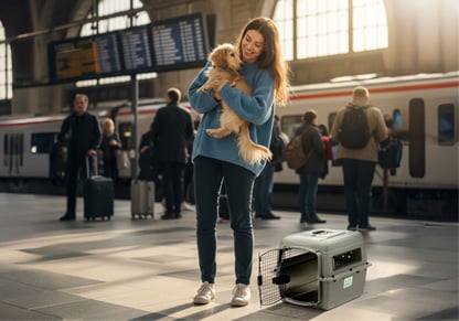 A woman holds a dog in a train station with a crate at her feet. 