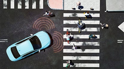 Modern vehicle with ai-assisted sensors for movement. 3D generated image. Vehicle is generic, custom modeled and not based on any real brand/model